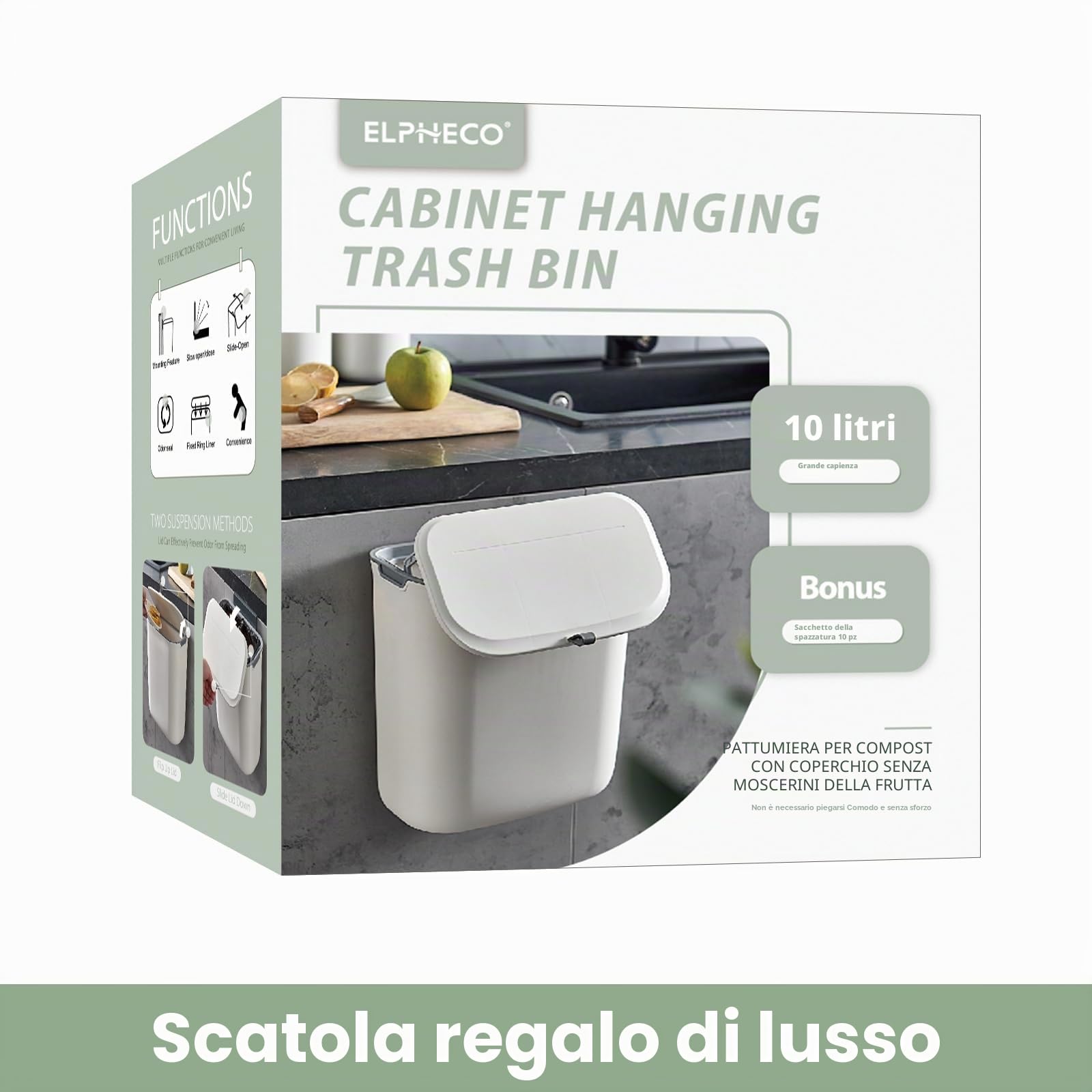 ELPHECO Pattumiera da cucina da 9,5 litri, da appendere, con coperchio, porta dell'armadio da cucina, sotto il lavandino, bidone della spazzatura in plastica, bidone della spazzatura con montaggio a