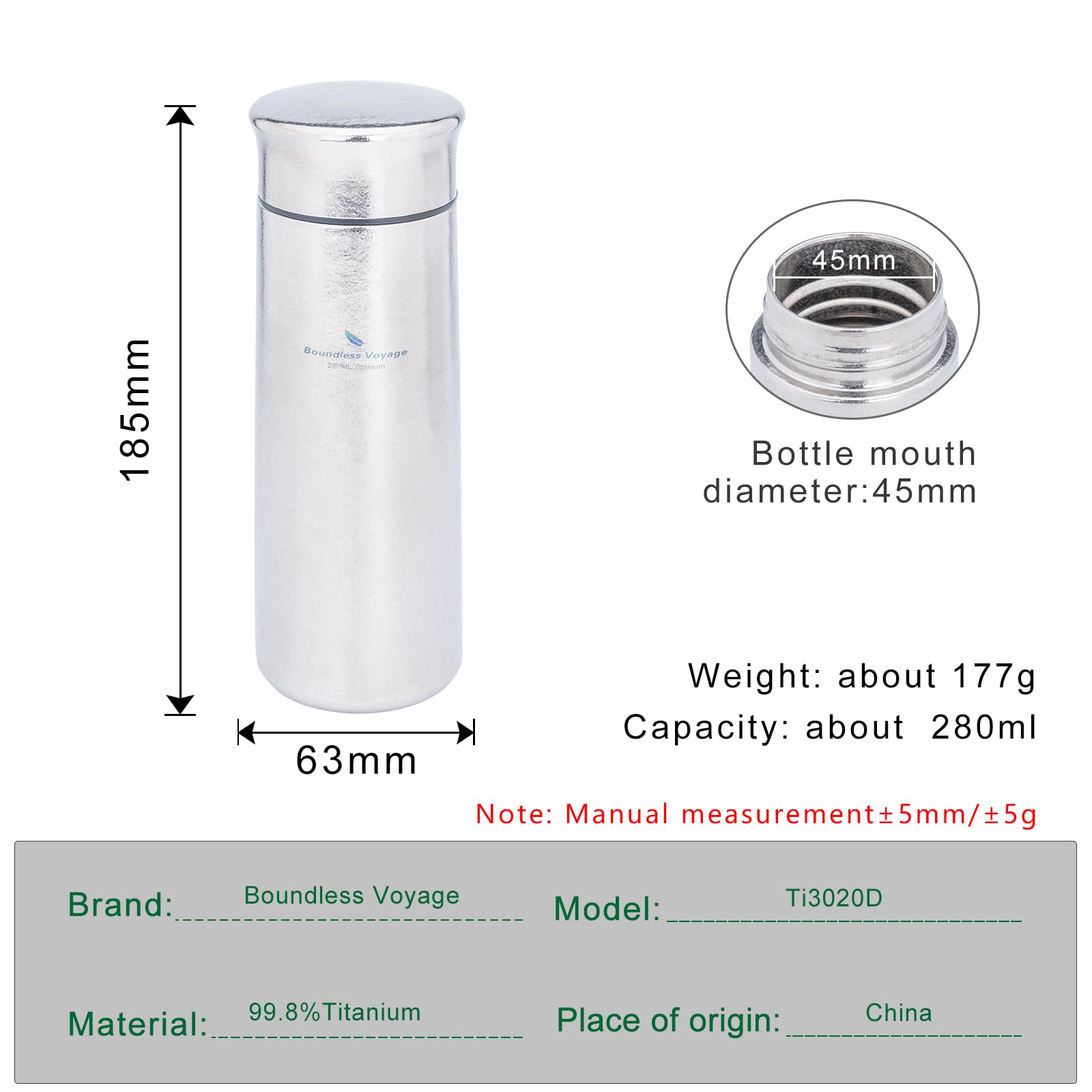 iBasingo Ti3020D Ti3020D - Borraccia termica in titanio da 280 ml, con filtro, piccola bottiglia per acqua sportiva, portatile, da viaggio, per caffè, tè, mantiene caldo o freddo