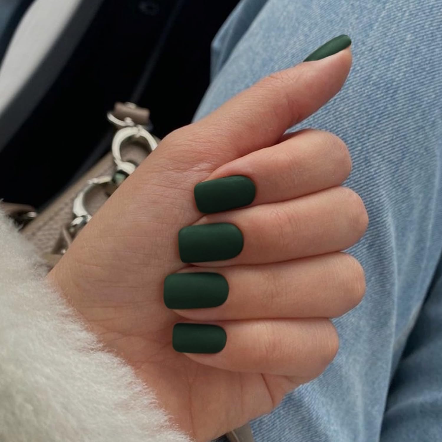 KQueenest Soft Gel Press on Nails Short Medium Square, Matte Dark Green False Nails Short Coffin