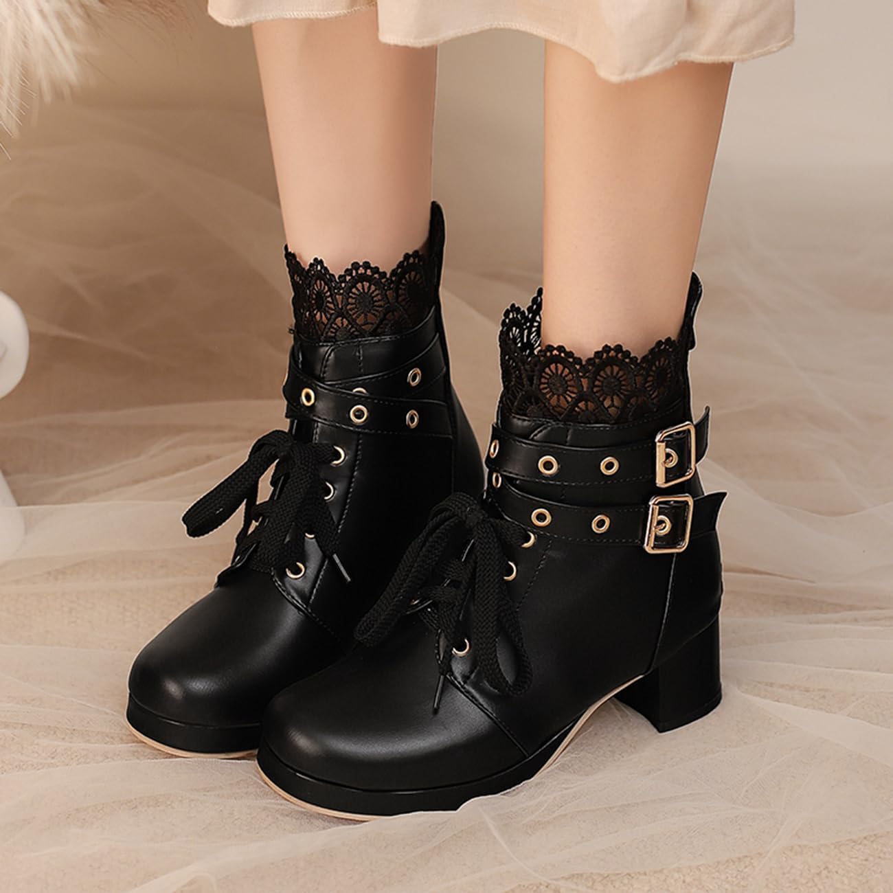 Womens Bow Ankle Boots Round Toe Lace Up Chunky Mid Heel Booties