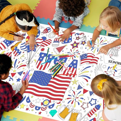 Image of Gatherfun 4th of July Patriotic Coloring Tablecloth 31.5x72 - American Flag-Themed Giant Poster for Independence Day Decor & Activities for Classroom or School Party Table Cover