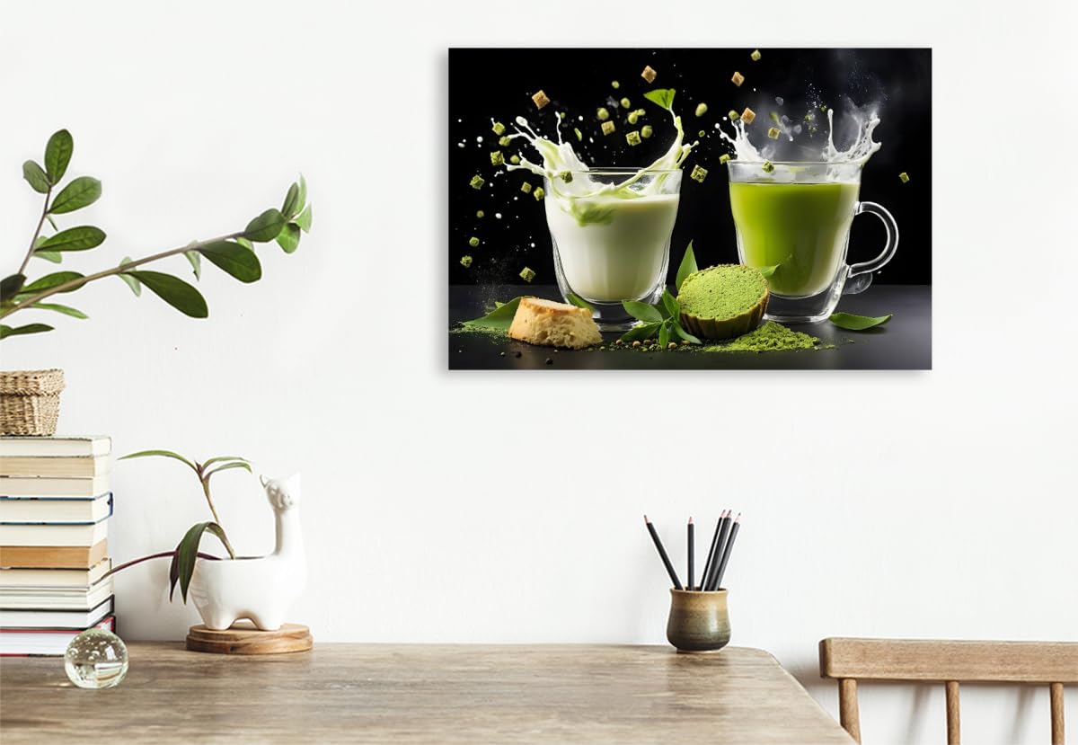 CALVENDO · Vegane Matcha-Latte-Drinks mit Hafermilch und Matcha (Leinwand) | 75 × 50 cm Querformat · Textil-Leinwand auf Keilrahmen · Trendige Matcha-Genusskreationen