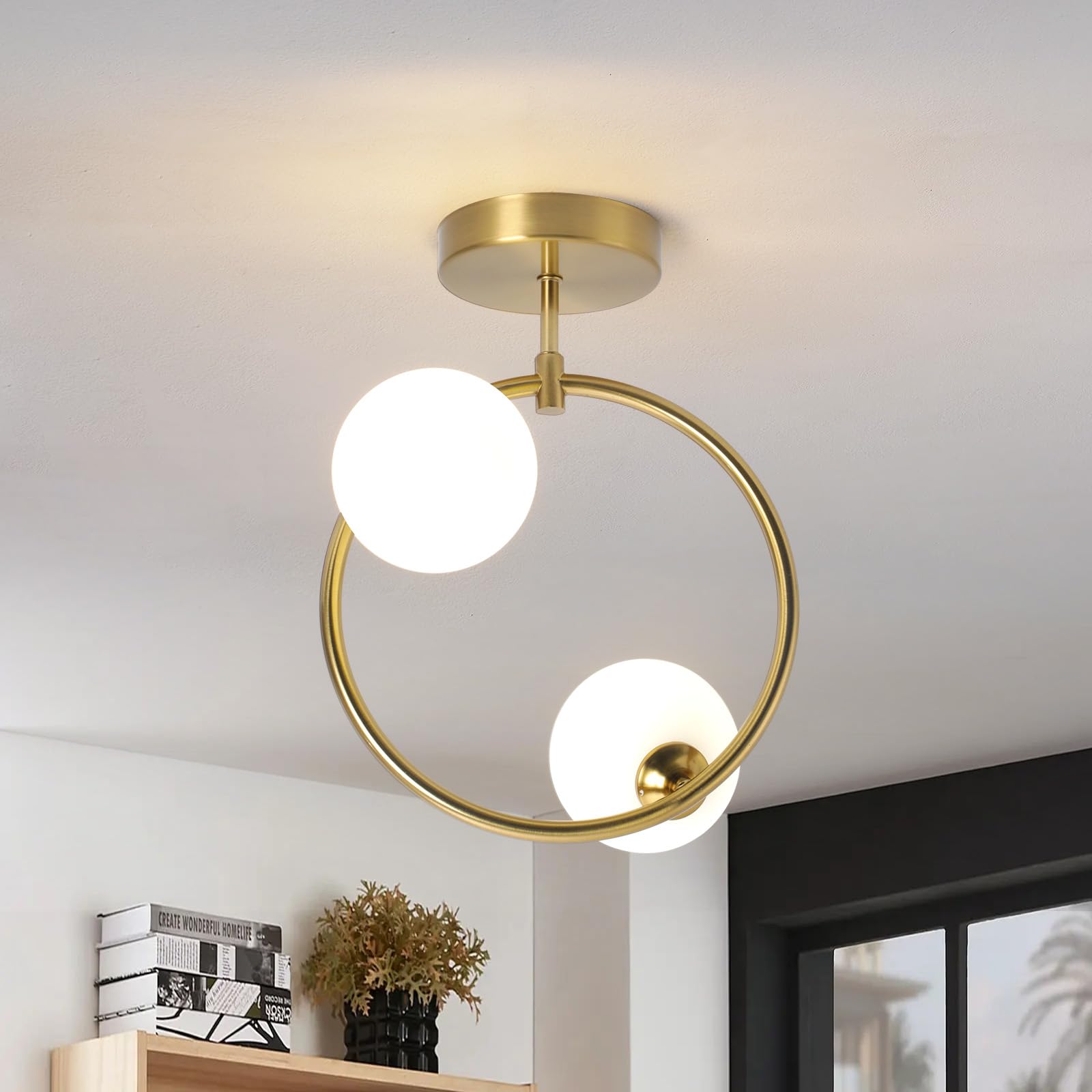 Hudi Fyier Gold-2 Glass Ball Lampshades Modern Ceiling Lighting Fixtures, Sputnik Chandelier 2 Lights With Glass Ball Lampshade，Small Glass Chandeliers Fitting For Bedroom, Bathroom, Corridor, Hallway, Balcony