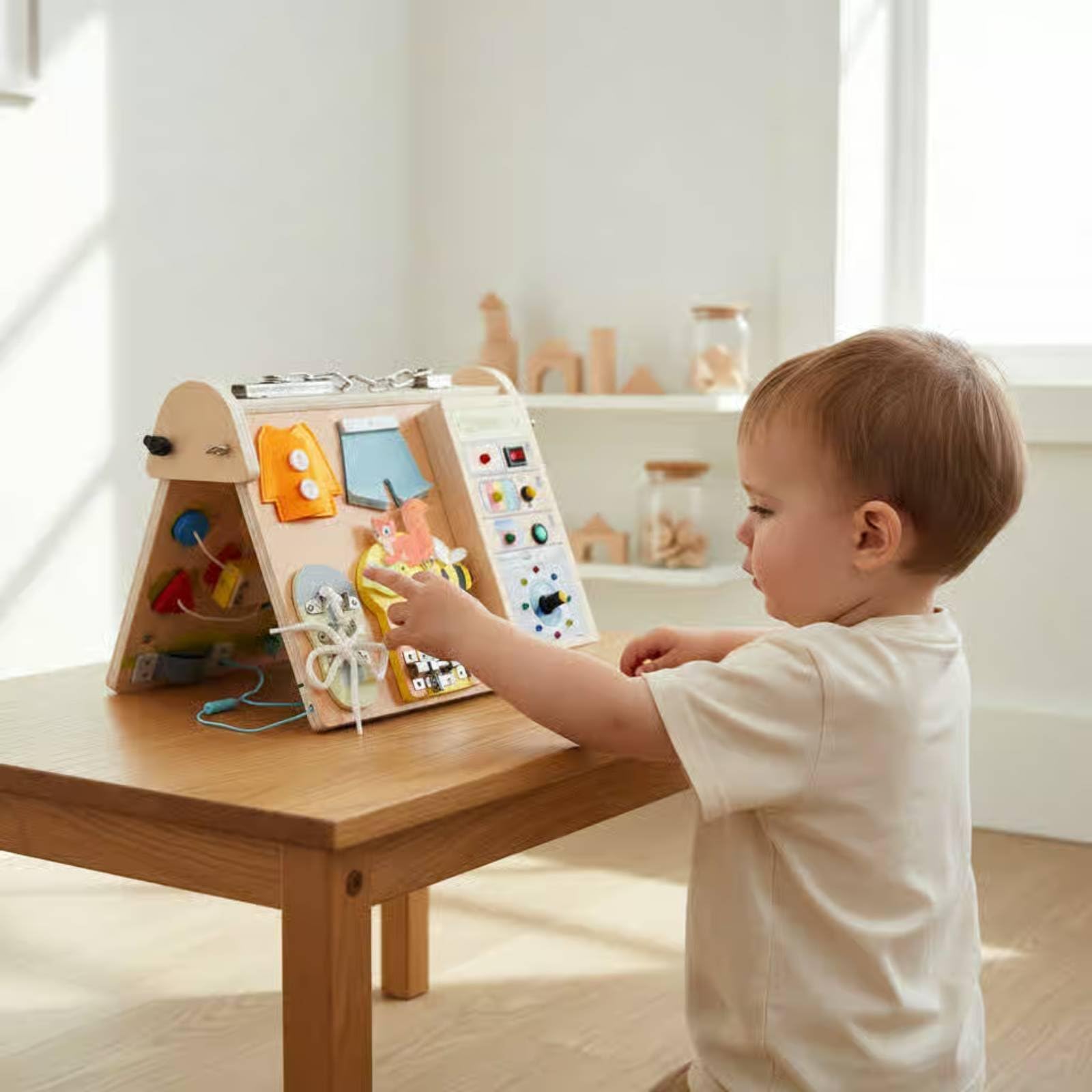 kowaku Children Learning Board Tavola Didattica Bambini Pannello Attività Gioco Educativo Portatile in Legno con LED per Attività di Interruttori E Leve