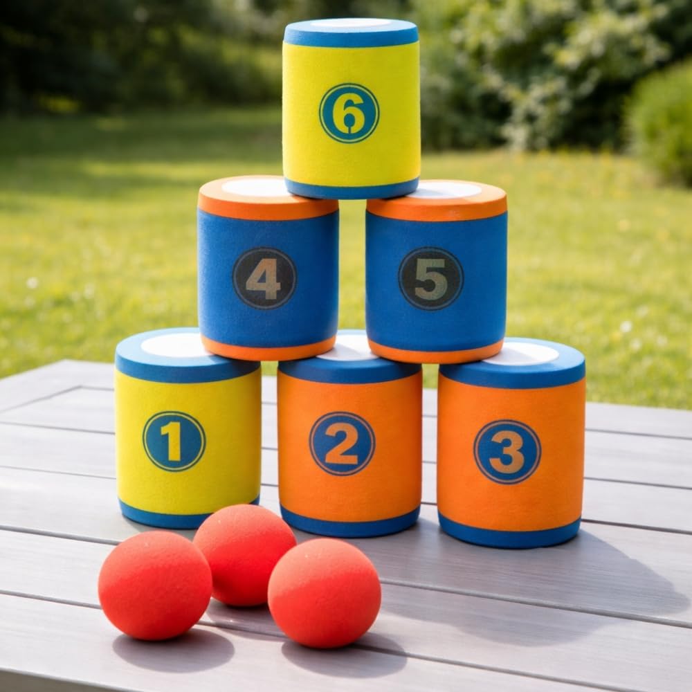 SHOP-STORY Jeu de Chamboule Tout en Mousse, Jeu d'Adresse avec Balles et Cibles Souples, pour Enfants Dès 6 Ans, Intérieur et Extérieur