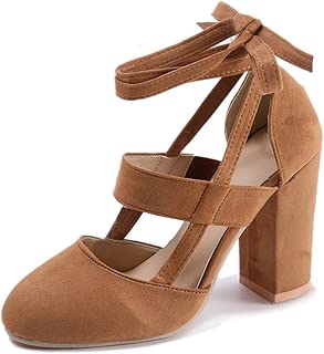 Plus Size Female Ankle Strap High Heels Flock Shoes Thick Heel,Khaki,7.5 - coolthings.us