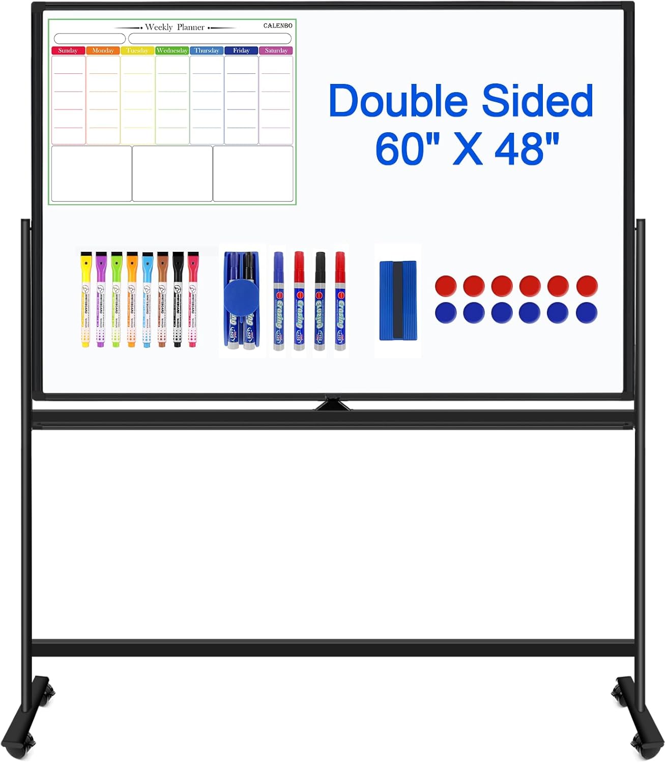 Mobile Whiteboard 60x48 Magnetic Dry Erase Board with Stands, Large Rolling White Boards on Wheels, Double-Sided Standing Whiteboard, 5' x 4' Easel Stand White Board for Office Home Classroom Black 60x48