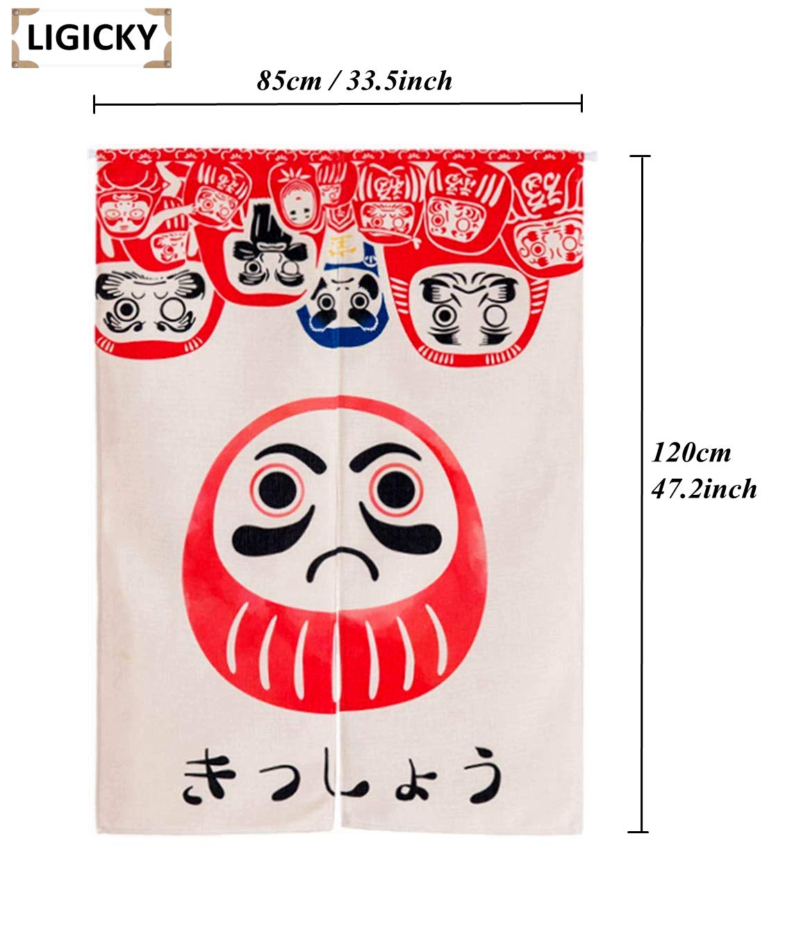 LIGICKY Noren japoński styl drzwi zasłona bawełniana lniana lalka Daruma nadruk obróbka okna drzwi gobelin do dekoracji wnętrz 80 cm szerokości x 110 cm długości
