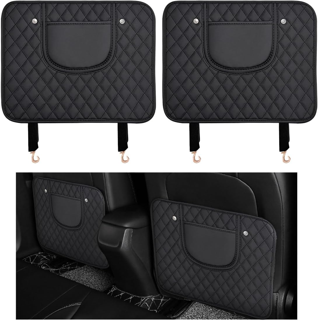 2 PCS Car Kick Mats, Leather Back Seat Protector with Storage Bag, Waterproof Automotive Backseat Cover Pad Prevent Kids Dirt Mud and Scratch, Interior Car Accessories(Black & Black)