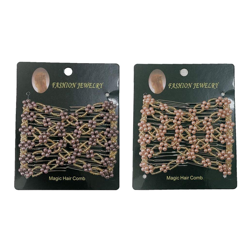 LOVEF 2Pcs Glass Bead Magic Hair Comb Elastic Double Insert Clips Chic Stretch Hair Head Comb
