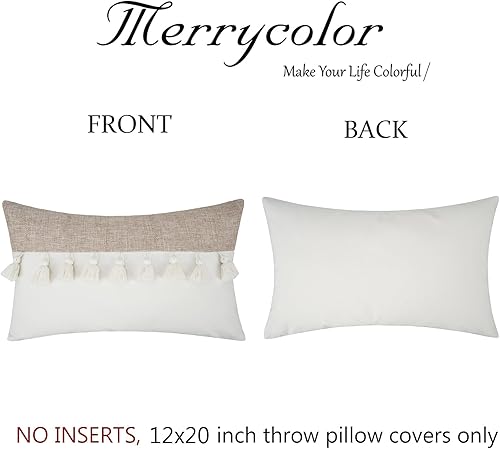 Miniatura 5 de Merrycolor Juego de 2 fundas de almohada lumbar de lino con retazos bohemios de 12 x 20 pulgadas, fundas de almohada de lino de arpillera de granja,