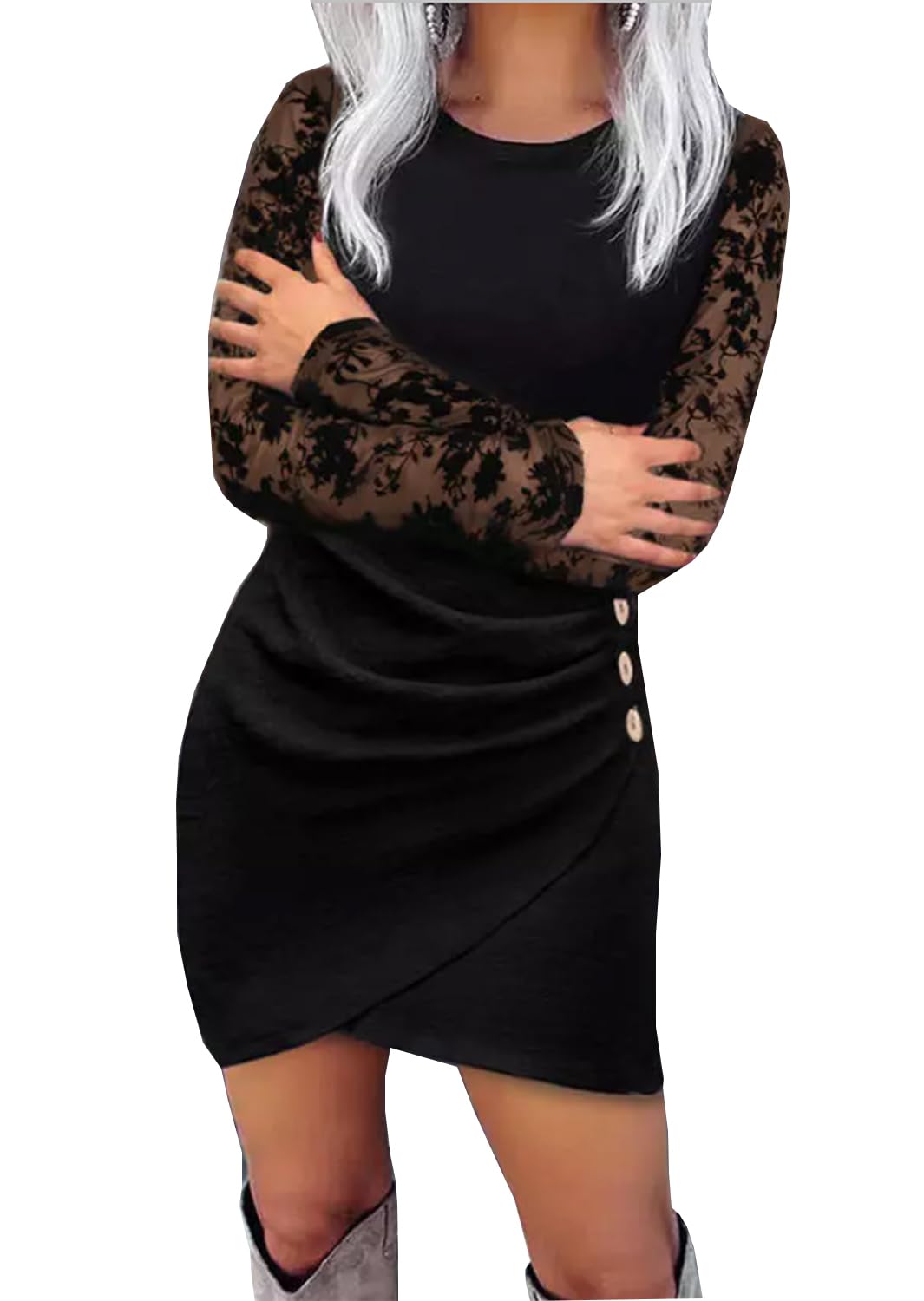 Lace Splicing Ruched Button Mini Dress Women Sexy Bodycon Wrap Party Evening Dress Button Long Sleeve Dresses