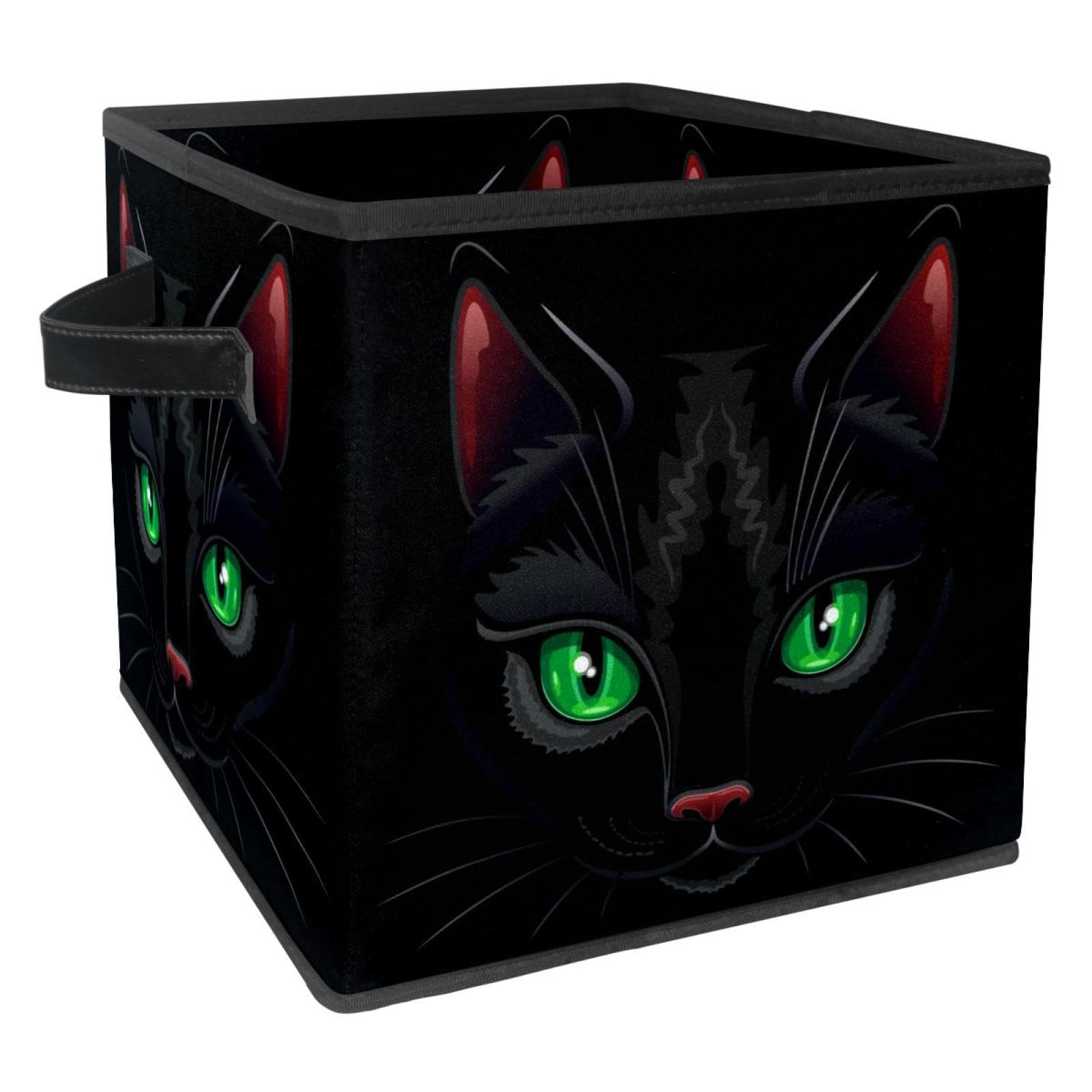 Panier de rangement en tissu pour chambre et placard motif chat léopard noir yeux verts