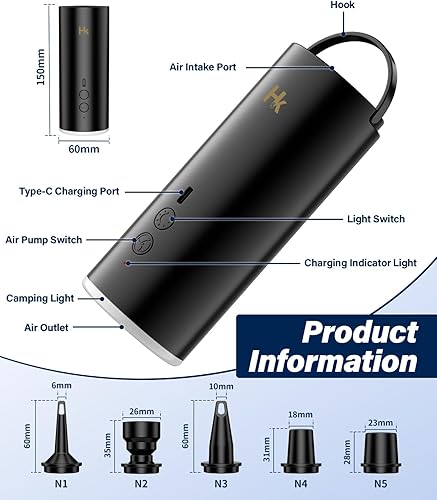 Miniatura 7 de HK Bomba de aire para inflables, bomba de colchón de aire, batería de 4000 mAh y luz de campamento, mini bomba de aire eléctrica recargable por USB,