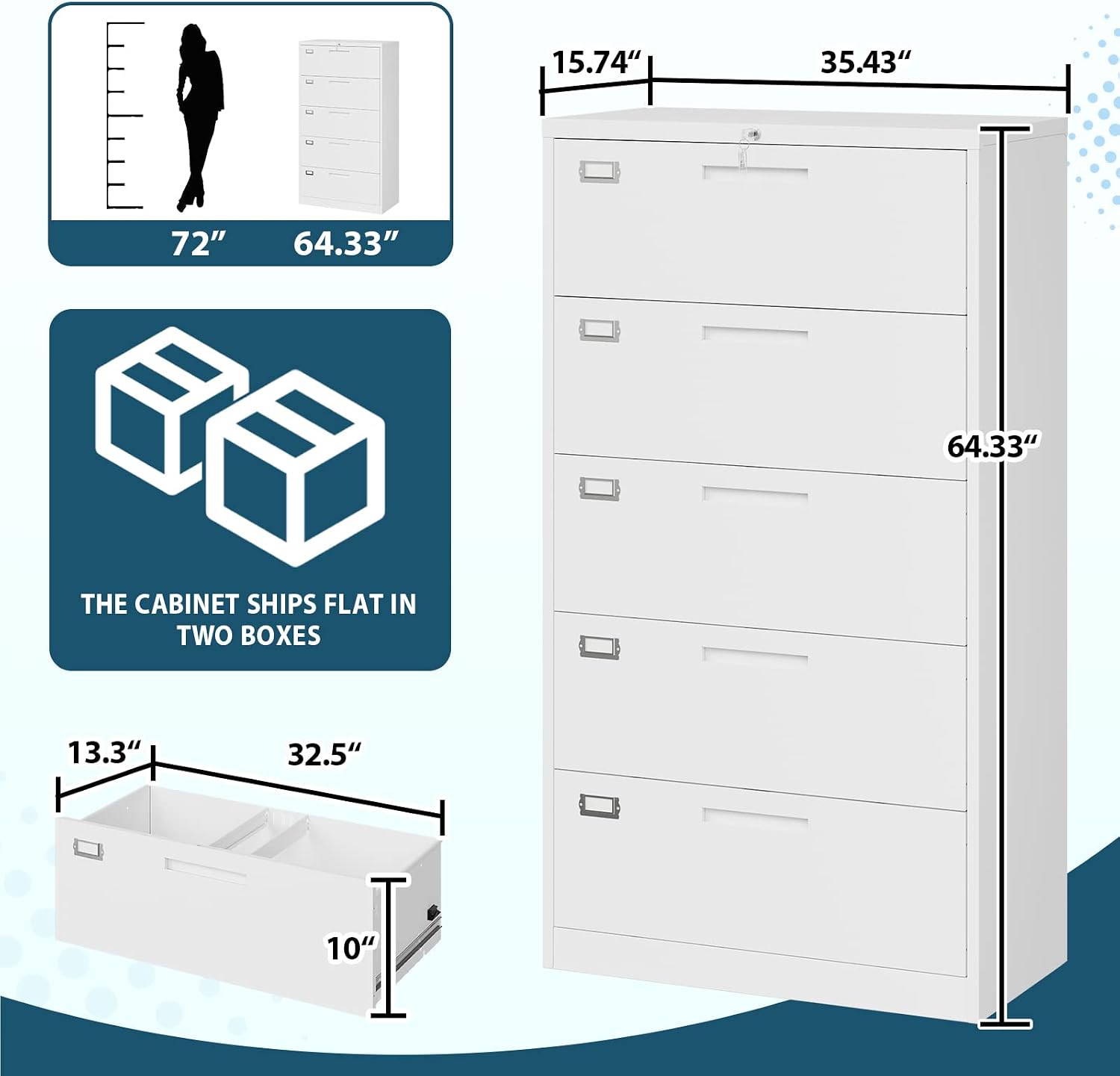 MIIIKO Lateral File Cabinet with Lock, 5 Drawer Metal File Cabinets 35.4" Wide, Home Office Locking Filing Cabinets for Legal Letter File Folders