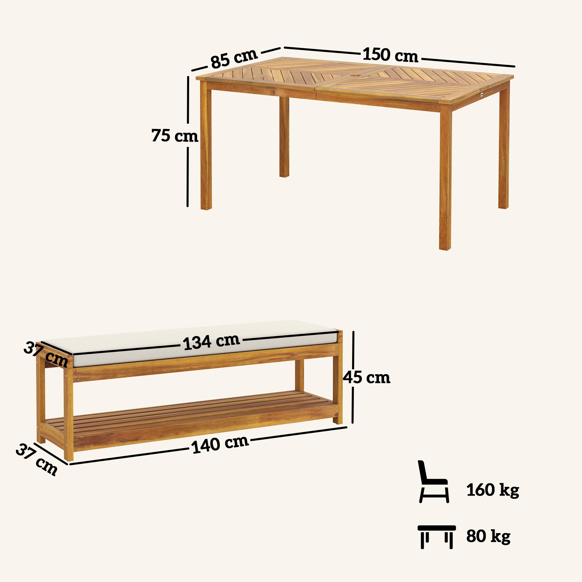 Outsunny 3 TLG. Gartenmöbel-Set Akazienholz Sitzgarnitur inkl. 1 Esstisch mit Schirmloch, 2 Bänke, Balkonmöbel-Set, Gartengarnitur für Balkon, Terrasse, Teak