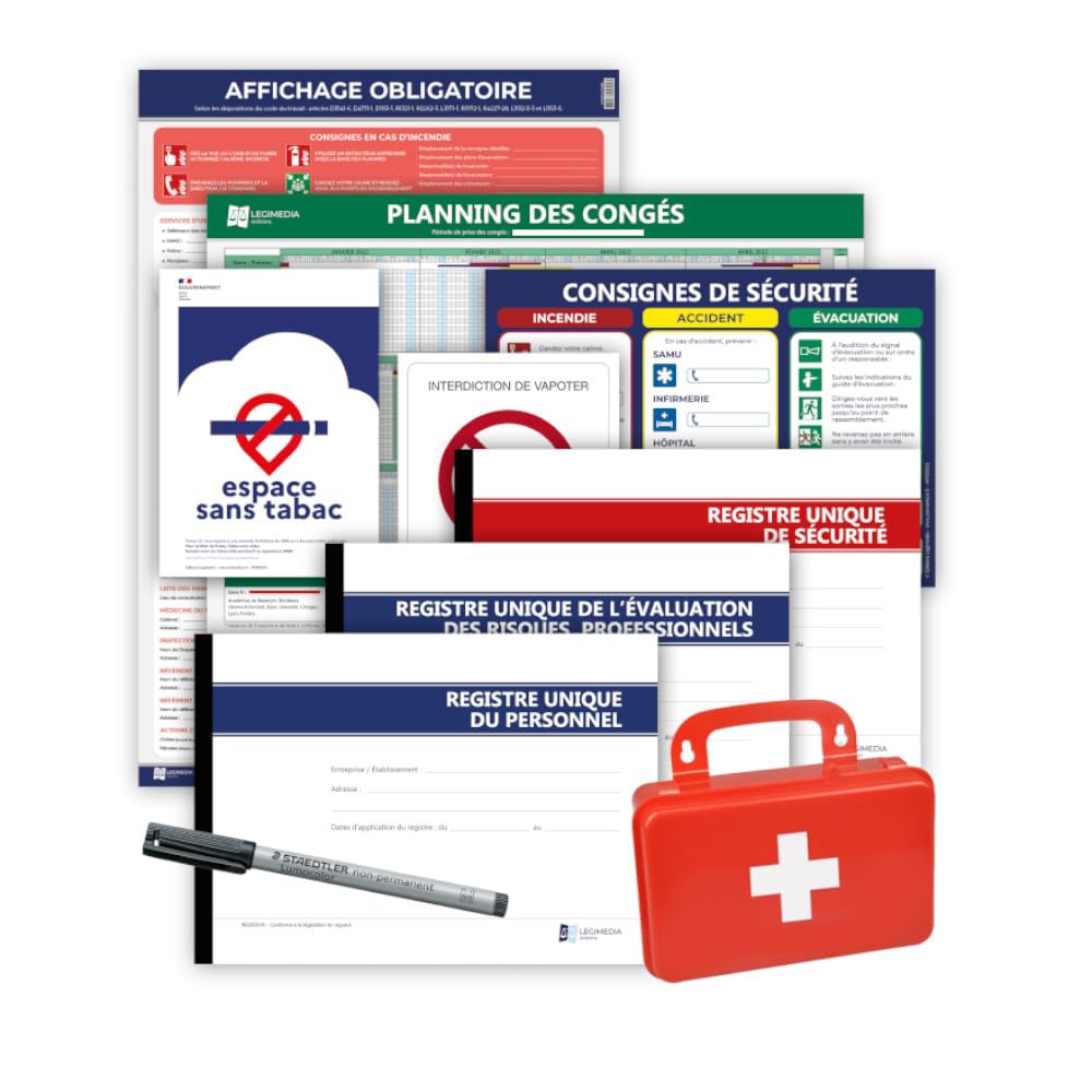 Pack complet 5 affichages et 3 registres obligatoires pour toutes entreprises. Conformité Entreprise 2026 - Kit de fixation et stylo-feutre inclus - Fabriqués en France - LEGIMEDIA ÉDITIONS