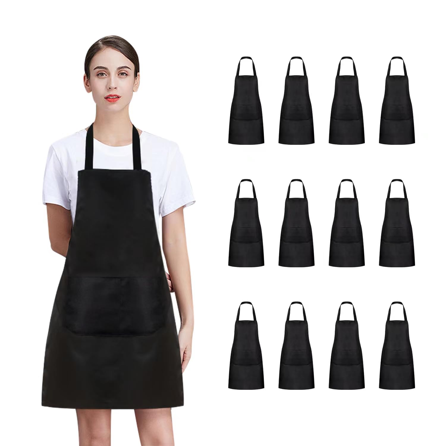 Confezione da 8/12/24 grembiuli a tinta unita, colore nero, con 2 tasche, unisex, per adulti, pittura e barbecue