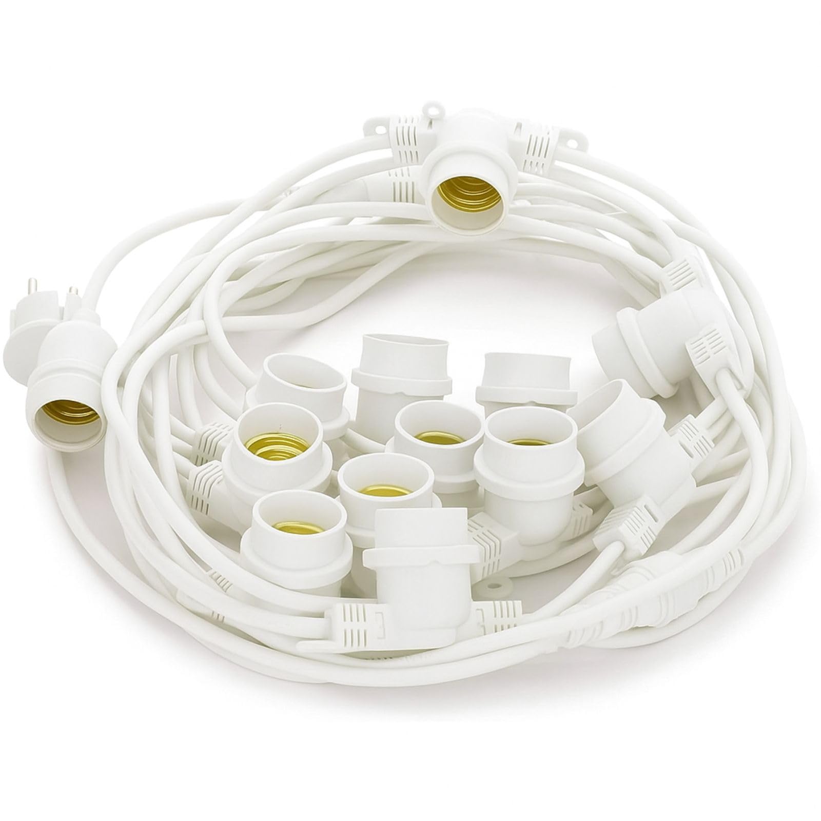 Luccika 10-metrowy łańcuch świetlny 10 metrów, 10 oprawek i 10 żarówek E27, wytrzymały kabel, IP44, przedłużany, kabel zasilający, do użytku na zewnątrz i wewnątrz (biały kabel lodowo-biały)