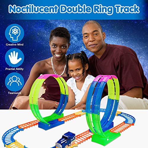BeebeeRun Kids Race Car Track Sets, Flexible Train Tracks for Toddlers with LED Toy Car, Glow in The Dark Race Track Vehicle Playset for Boys and Girls - Thumbnail 5