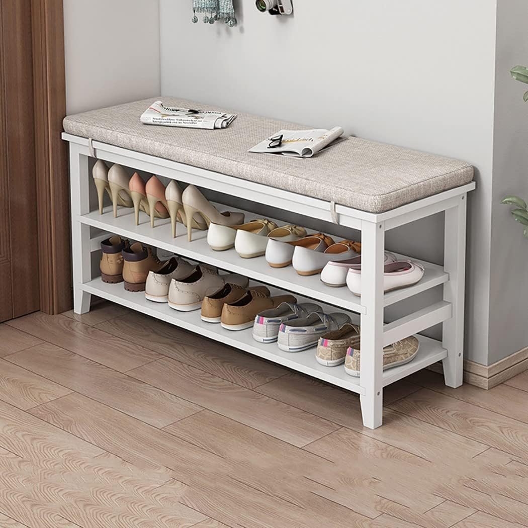 Solid Sheesham Wooden Shoe Rack | 3-Tier Entryway Bench with Padded Cushion Seat and Storage Space Hallway | Slippers Stand Footwear Shoe Rack Organizer | White Finish (60 Cm)-image-37