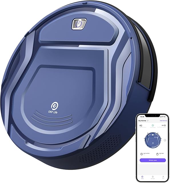 OKP Robot Vacuum Cleaner 2100Pa Strong Suction Robot Vacuum, WIFI/APP/Alexa, 100 Mins Run time, Small, Quiet, Smart Self Charging Robotic Vacuums for Pet Hair, Hard Floor, Low Pile Carpet, K2