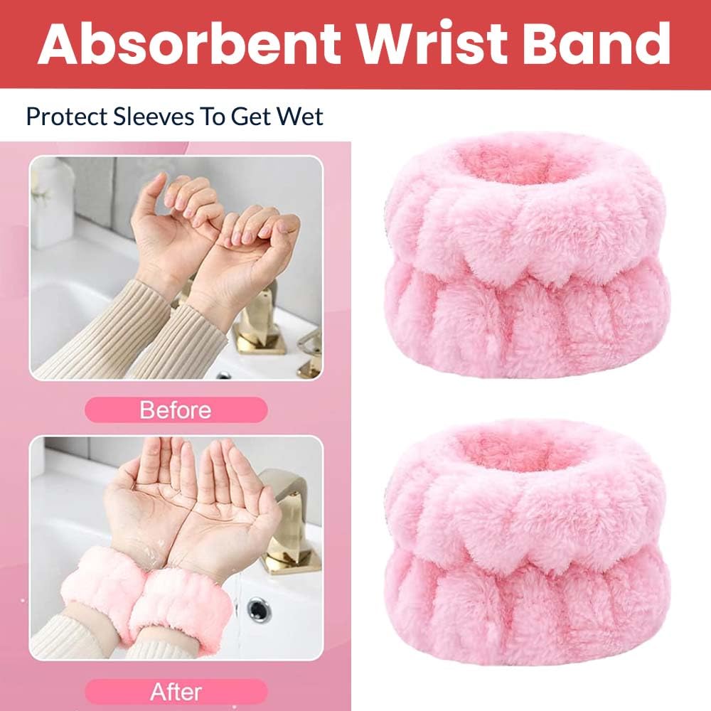 TEMPERIA Makeup Headband Wristband Set for Women & Girls | Hair Band for Facial Time | Head Bands Skincare Hairband for Spa | 3 Pieces Set | Pink 3