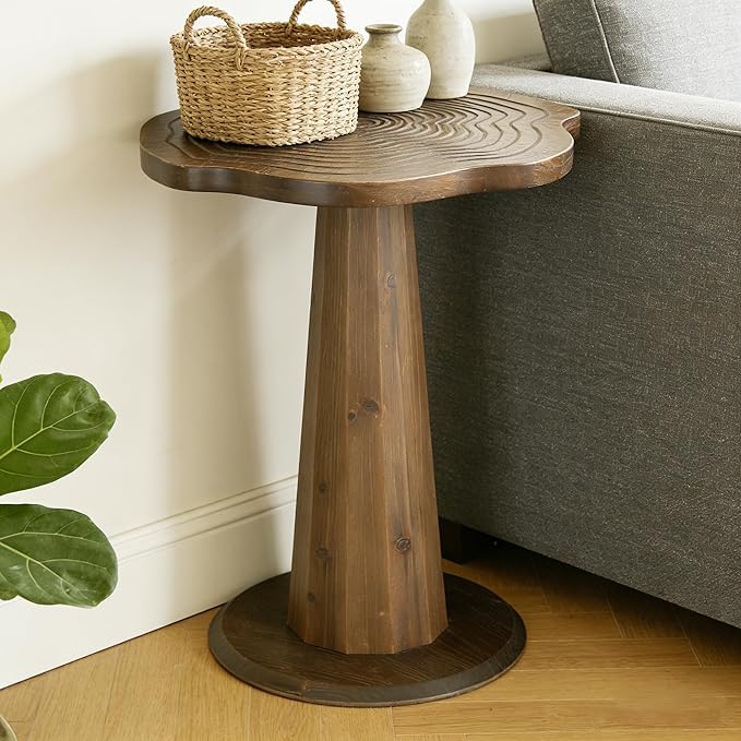 Tribesigns ソリッドウッドエンドテーブル、20インチ 小さなラウンドペデスタルサイドテーブル ツリーリングパターン 円錐形のベース ラインデザイン リビングルーム、ベッドルーム、小さなスペース用
