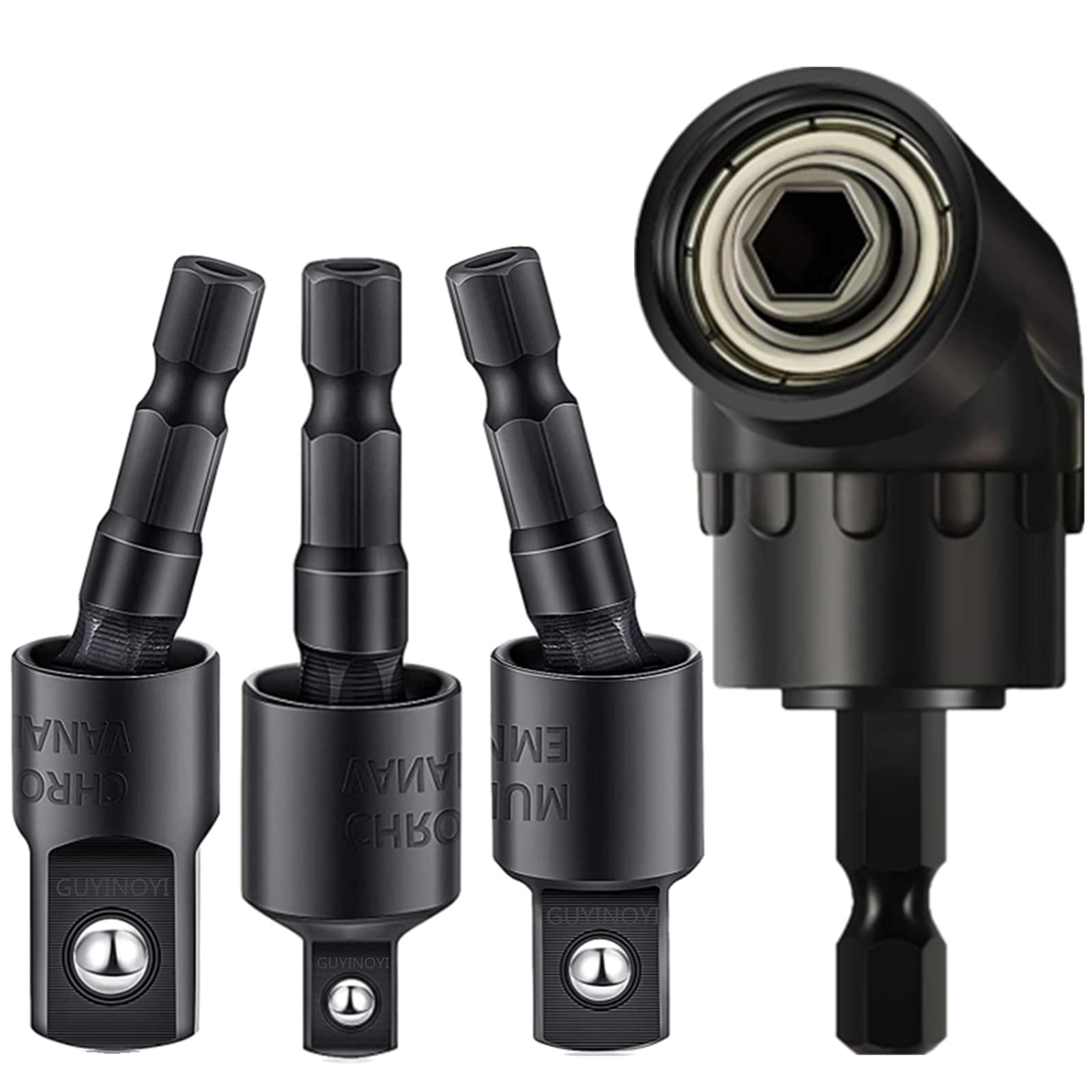 4-Piece Power Drill Sockets Adapter Sets,360°Rotatable 1/4" 3/8" 1/2" Impact Grade Driver Sockets Adapter Extension Set Drill Bit+105 Degree Right Angle Screwdriver set Drill Hex Bit Socket Adapter