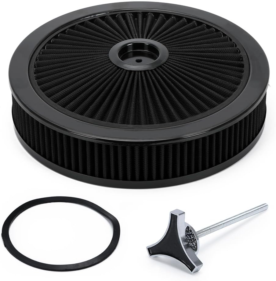 PTNHZ 14"x3" Round Air Cleaner Filter Assembly w/Flow-Thru Lid Caburetor High Flow Compatible with Chevrolet GMC Ford Black