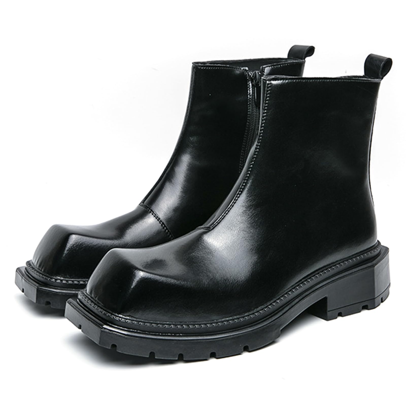 Mens Square Toe Lug-Sole Chukka Boots With Side Zipper Retro Comfortable Platform Lightweight Business Booties For Dressy Work