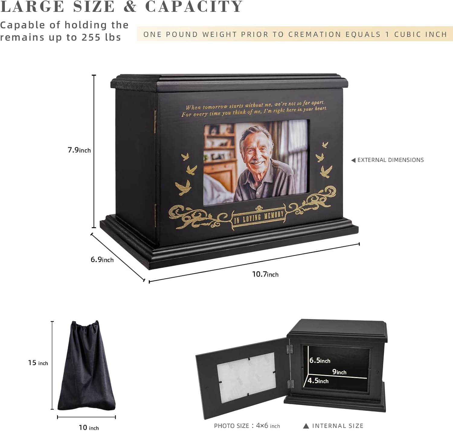 Cremation Urns for Human Ashes Adult Male Female, Wooden Urn for Ashes, Wooden Picture Frame Urns Box and Casket, Funeral Memorial Urns Box, Men Women Child, Holds 255 lbs (Black) - Image 3