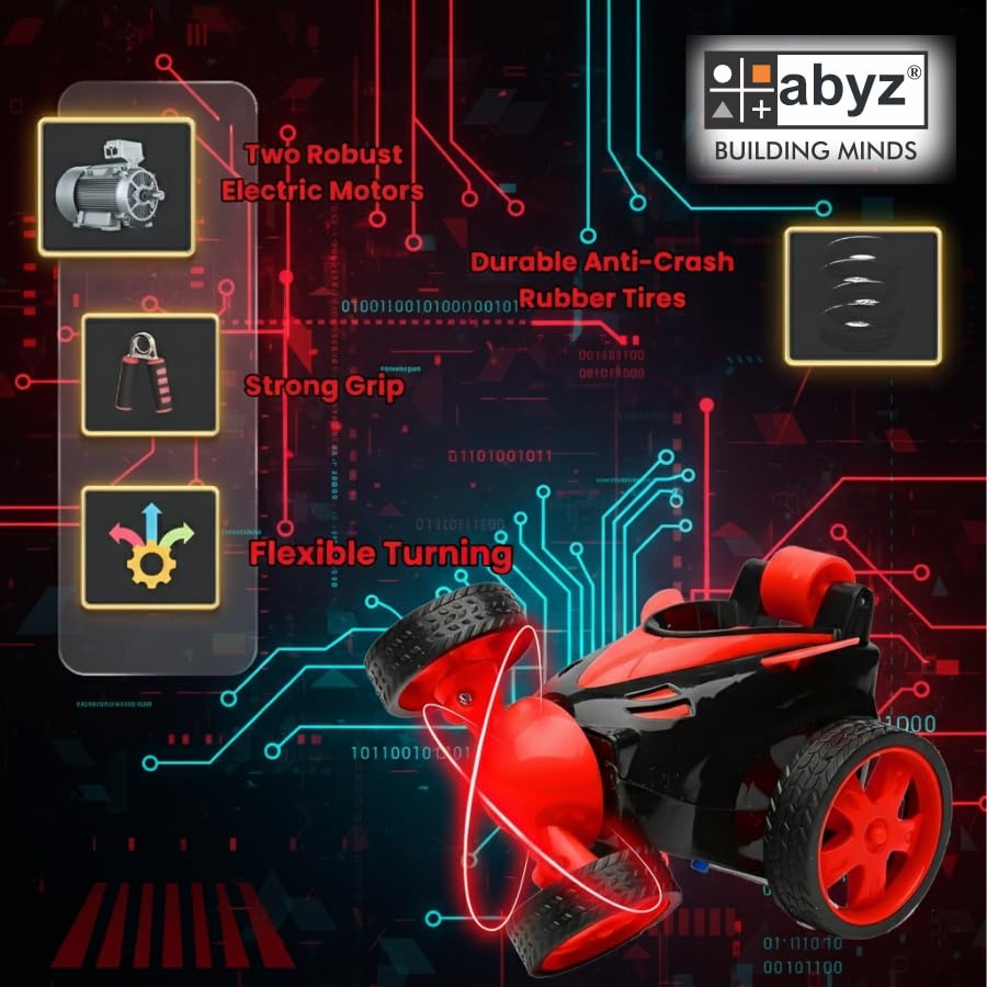 Image of abyz 360 Rotating RC Stunt Car - LED Lights, Sound, Off-Road Remote Control Vehicle for Kids and Adults (Red)