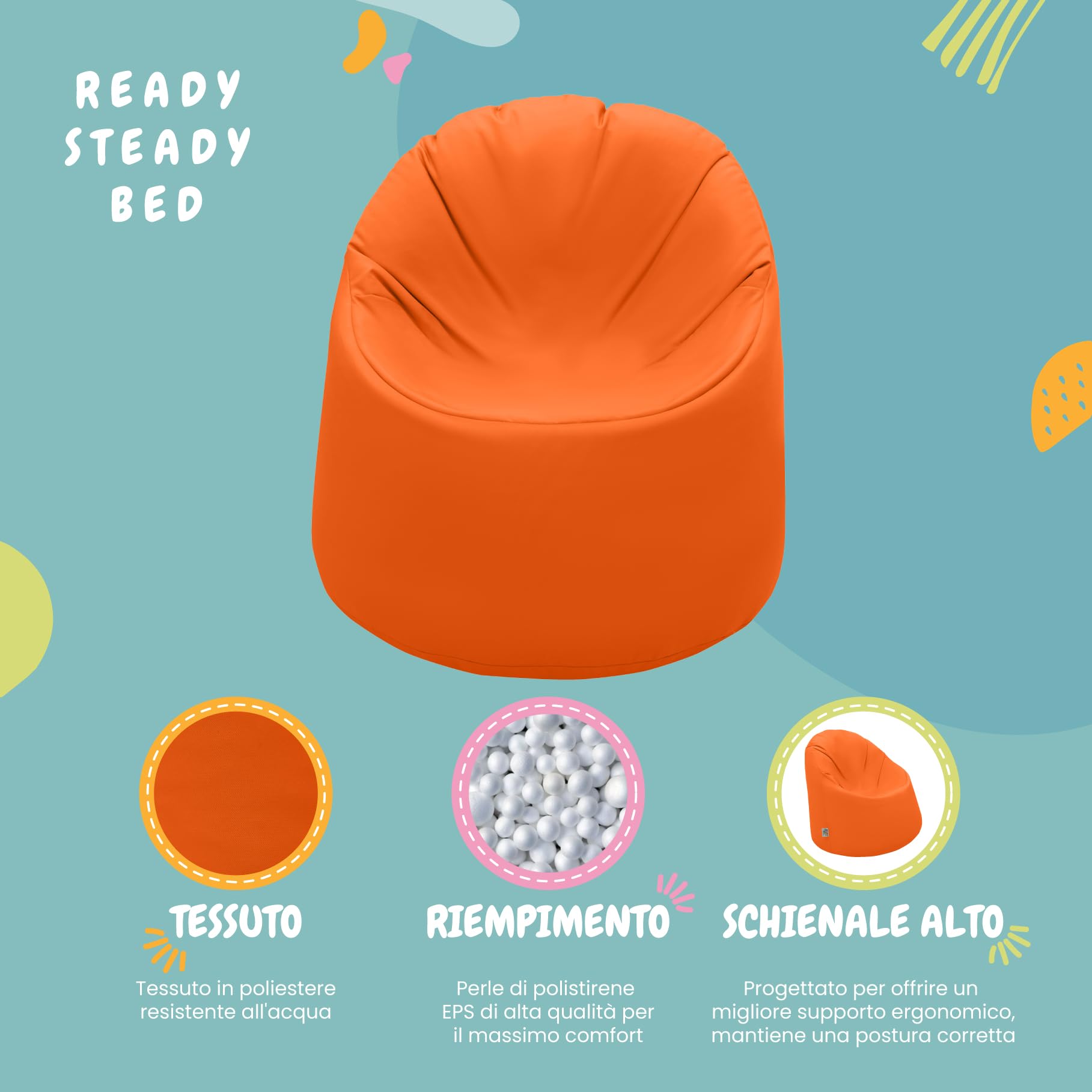 Ready Steady Bed Poltrona a Sacco per Bambini | Comodo Sedile BeanBag per Interni ed Esterni | Mobili per Bambini Resistenti all'acqua | Design Ergonomico Durevole Comodo (Arancia)