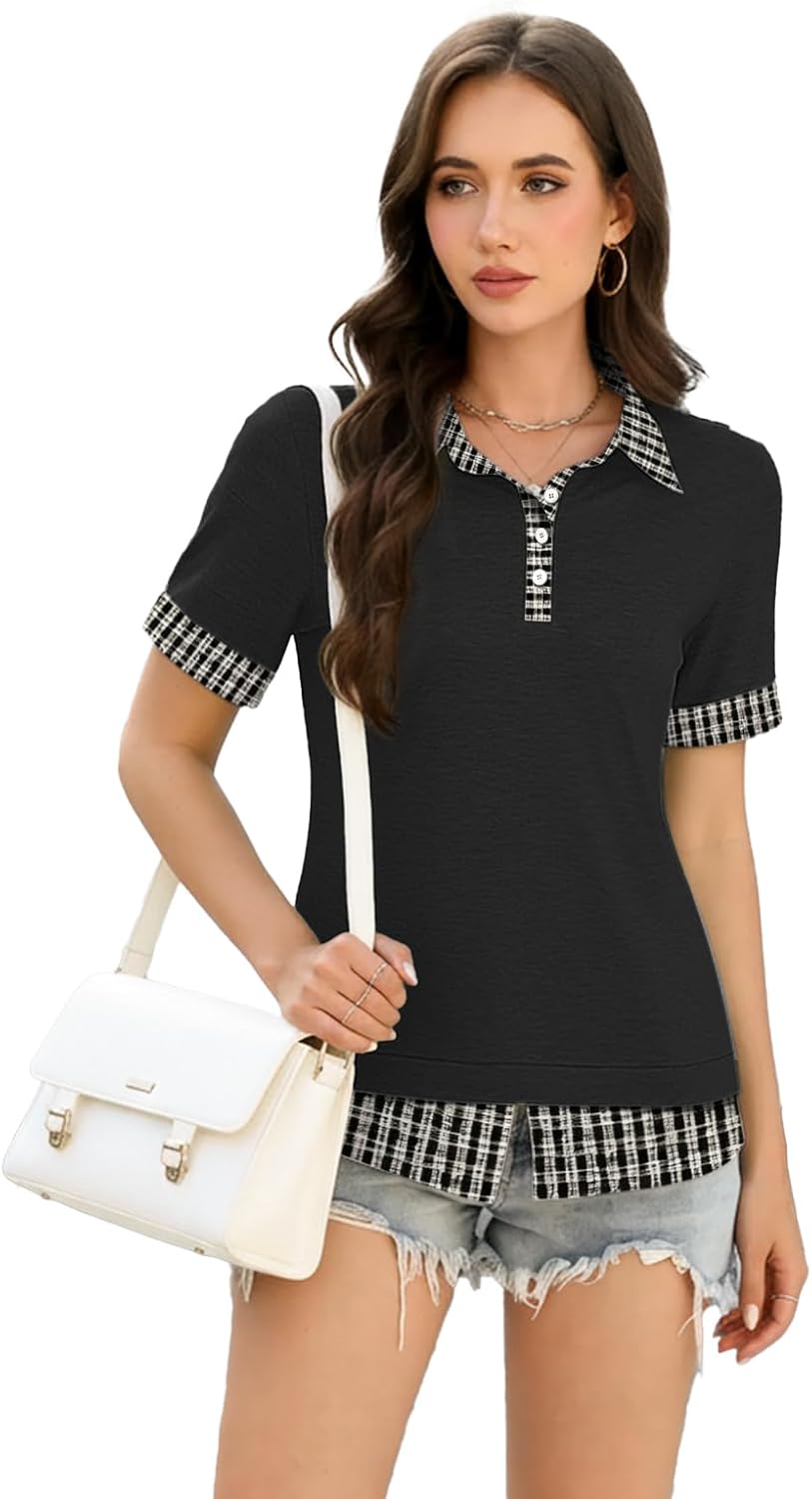 Disamer Womens Summer Tops Spring Fashion 2026 Short Sleeve Shirts Patchwork Button V Neck Tunic Tops Casual Work Blouses - Image 6