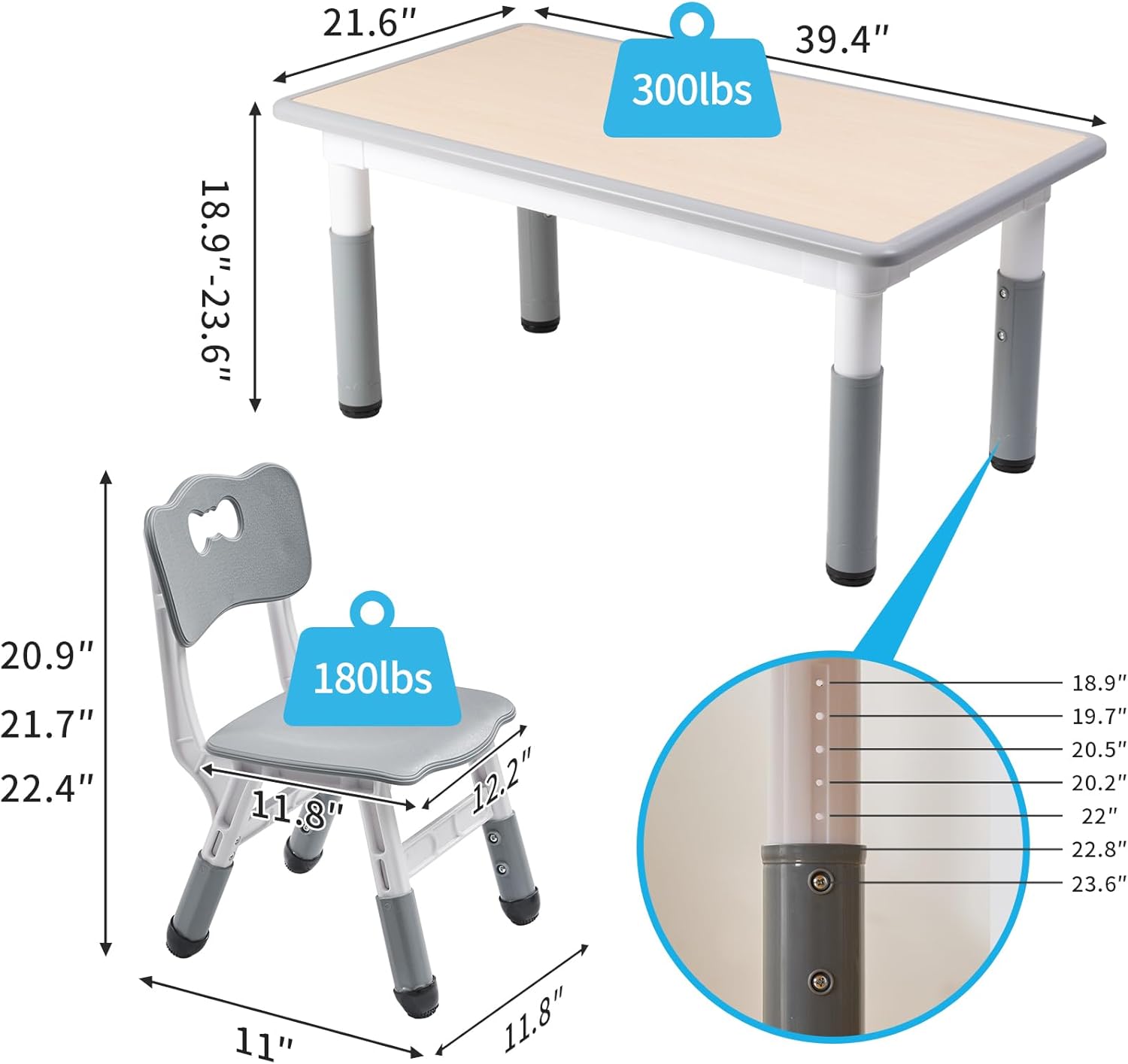 UNICOO Kids Table and Chairs Set, Height Adjustable Multi-Activity Preschool Table with Graffiti Desktop for Ages 2-8 - Versatile Kids Tables for Play, Learning, and Creativity(Maple Top/Gray Border)