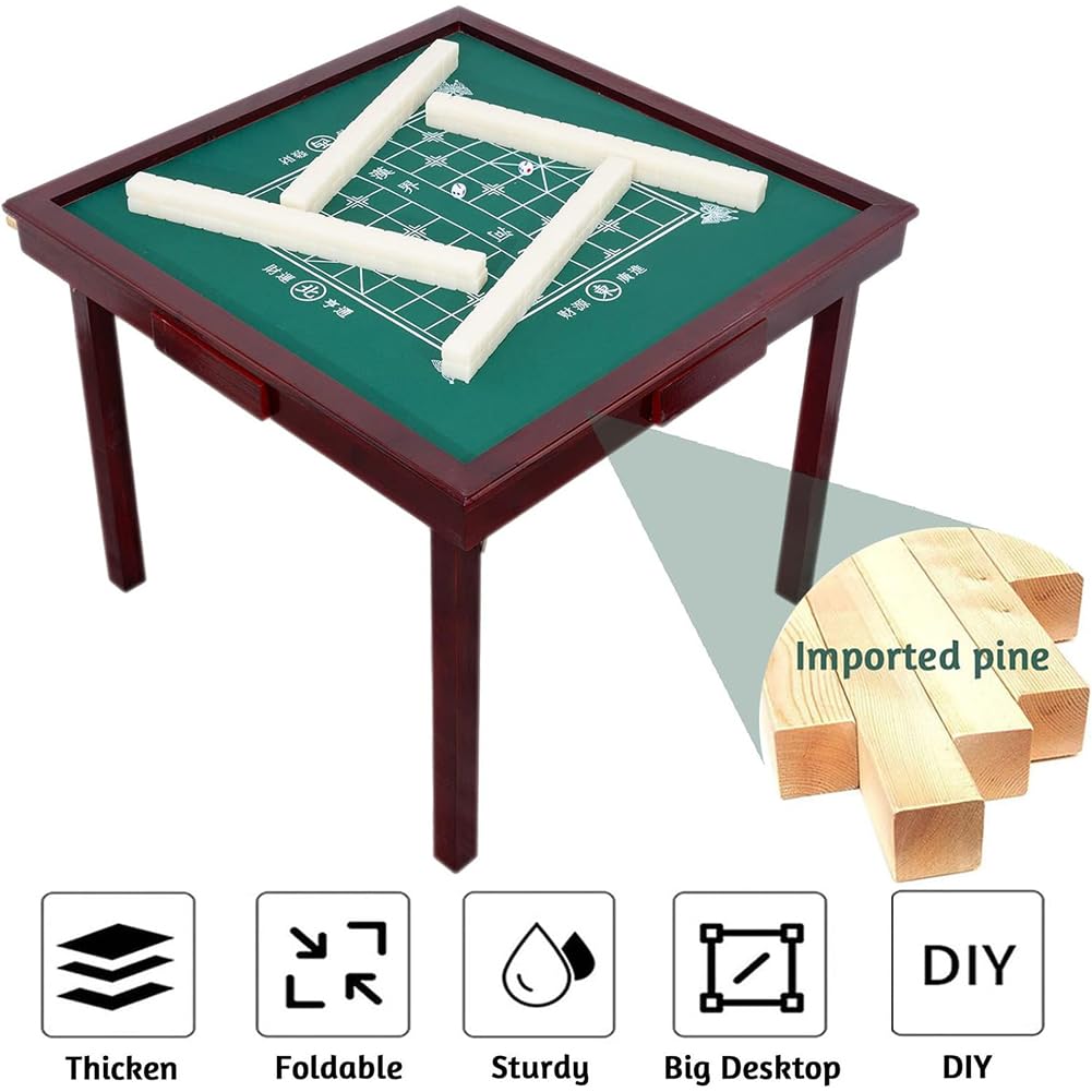Tavolo Mahjong Pieghevole, Piattaforma di Gioco Mahjong in Legno, Tavolo da Gioco Domino A Pieghe Multifunzionale con Portabicchieri E Mini Cassetti,with Lid