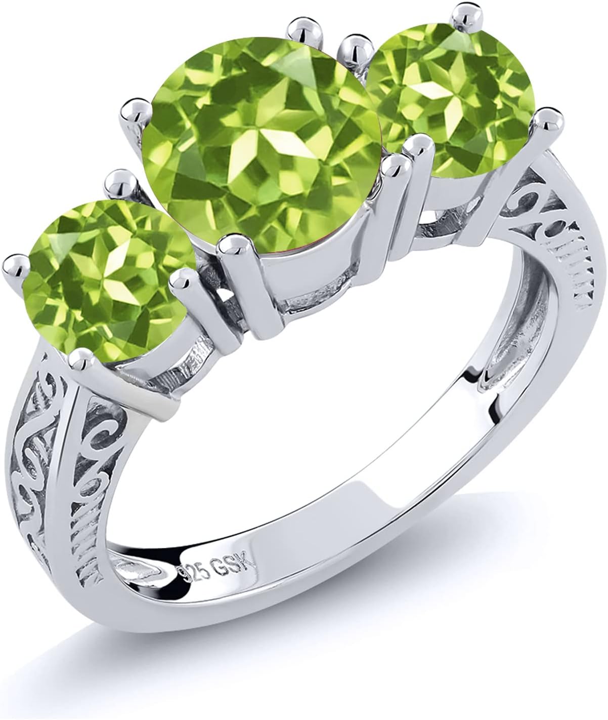 Gem Stone King Gemstone Birthstone 3-Stone Ring for Women in 925 Sterling Silver | Round 7MM and 5MM | Three Stone Wedding Engagement Anniversary Promise Ring with Filigree Band | Size 5-9