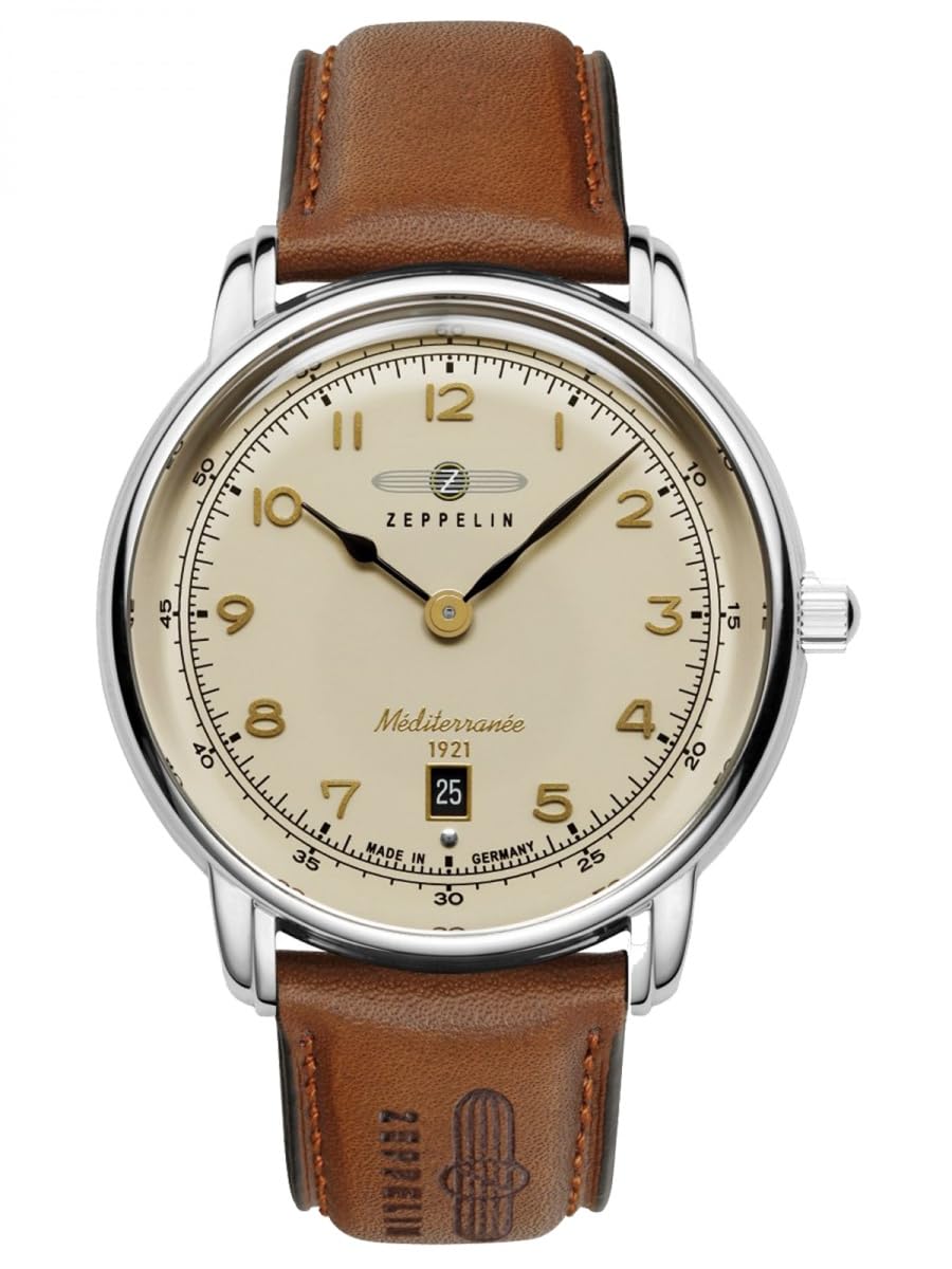 Zeppelin 9640-5 Méditerranée zegarek męski, koperta ze stali nierdzewnej, szwajcarski mechanizm kwarcowy, brązowy skórzany pasek, 40 mm