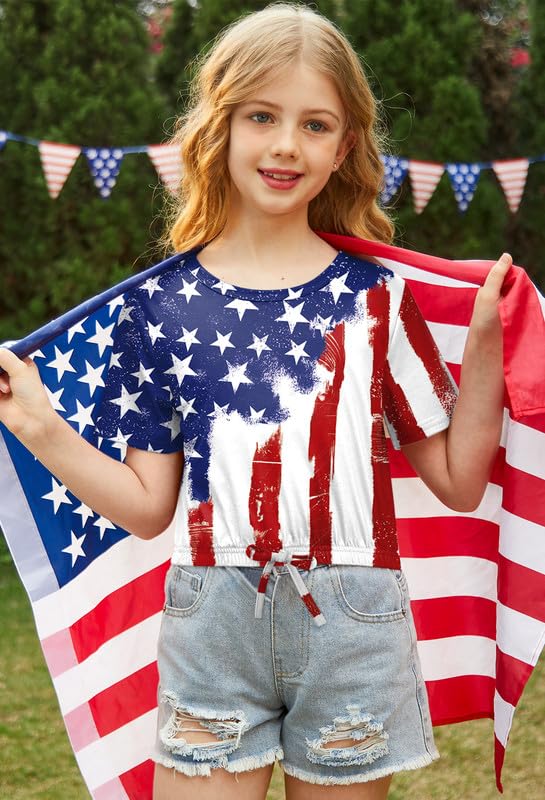 BesserBay 4th of July Girls USA Flag Elastic Drawstring Crop Tops 6-14 Years2