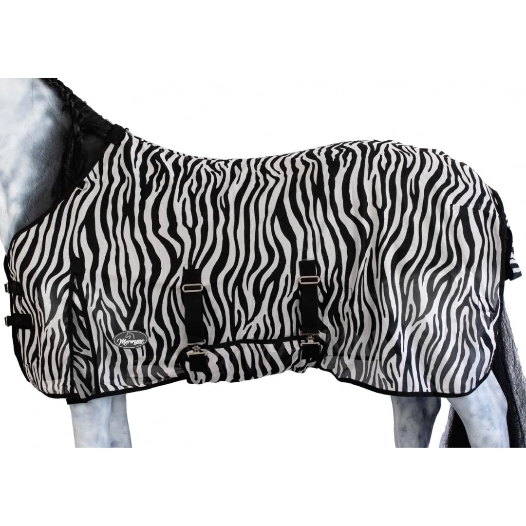 Marengos - Fliegendecke Zebra – feinmaschige Pferdedecke mit Bauch- & Schweiflatz – Schutz vor Insekten – mit Gehfalte & doppeltem Frontverschluss – Outdoor-Pferdedecke – 135 cm