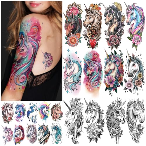 77 Sheets Unicorn Temporary Tattoo for Adult Kid 17 Sheets Half Arm Skull Flowers Fake Tattoos 60 Sheets Tiny Body Tattoos Stickers for Women Men Waterproof Realistic Christmas Halloween Costume