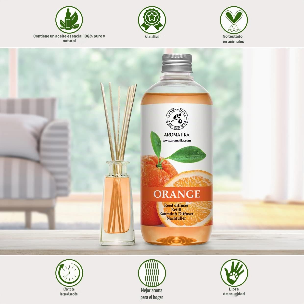 Recambio de Difusor con Aceite Esencial de Naranja 2x500ml - Fragancia para Hogar - Ambientador de Aire - Difusor Perfumado para Aromaterapia - SPA - Hogar - Cocina - Baño