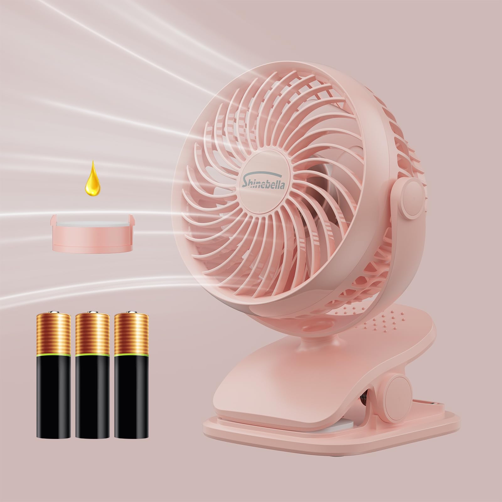 Ventilatore a clip alimentato a batteria AA con 4 velocità, piccolo ventilatore da scrivania da 12,7 cm con funzione aroma, alimentazione USB, rotazione a 360°, ultra silenzioso, per carrello da golf