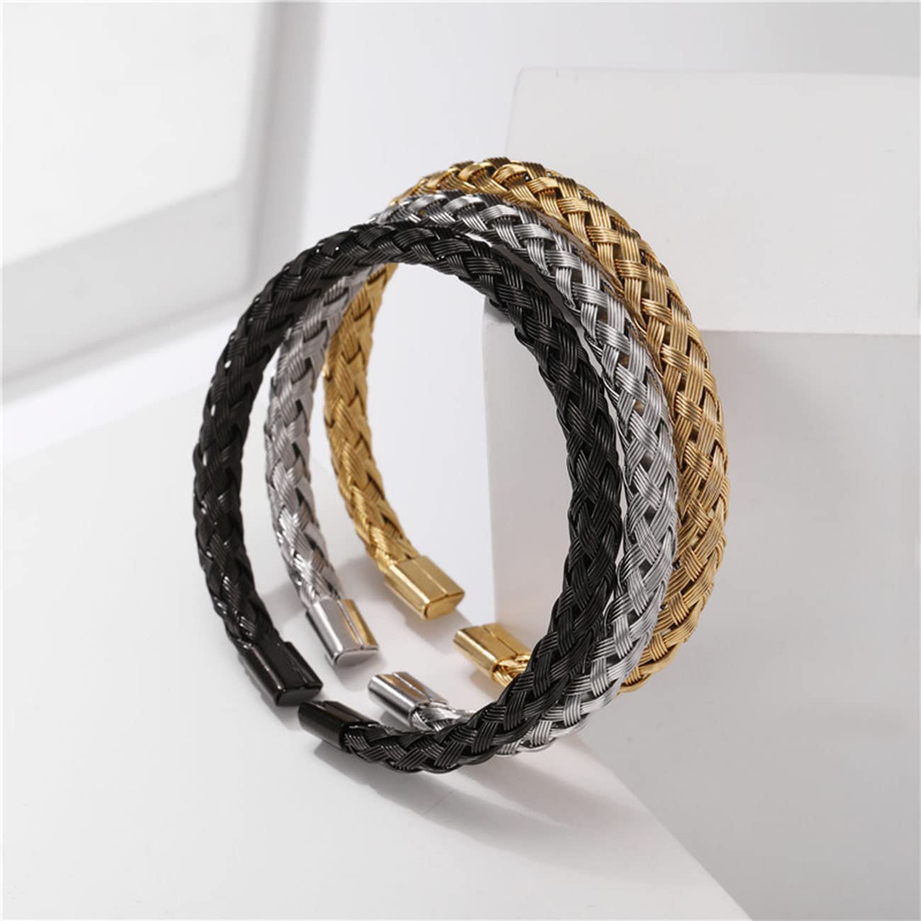 Pulsera de Hombre Pulsera de Acero Inoxidable Pulsera de Novedad Pulsera Abierta de Alambre Trenzado de Giro Simple Oro