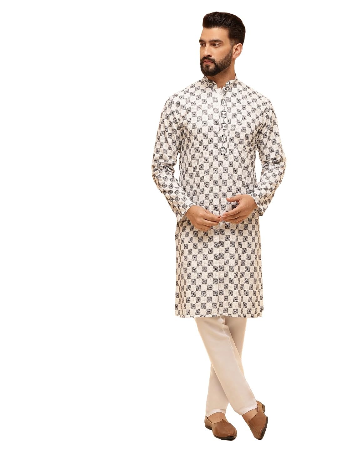 (Since 1958 Men's Cotton Rayon Embroidered Sequinned Kurta with White Pyjama-image-2
