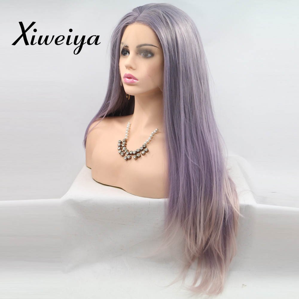 Xiweiya Mix Color Straight Ombre Gray Purple to Pink Wig Mermaid Synthetic Lace Front Wigs Straight Middle Part Long Straight Long Soft Wig Heat Resistant Fiber Hair Replacement Wig for Women 24 Inch - Image 2