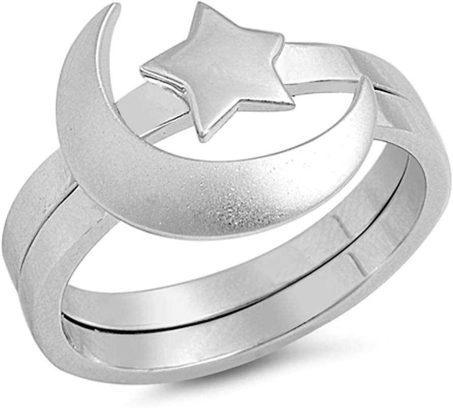 Unique Moon Star Ring Set New .925 Sterling Silver Polished Band Sizes 5-12
