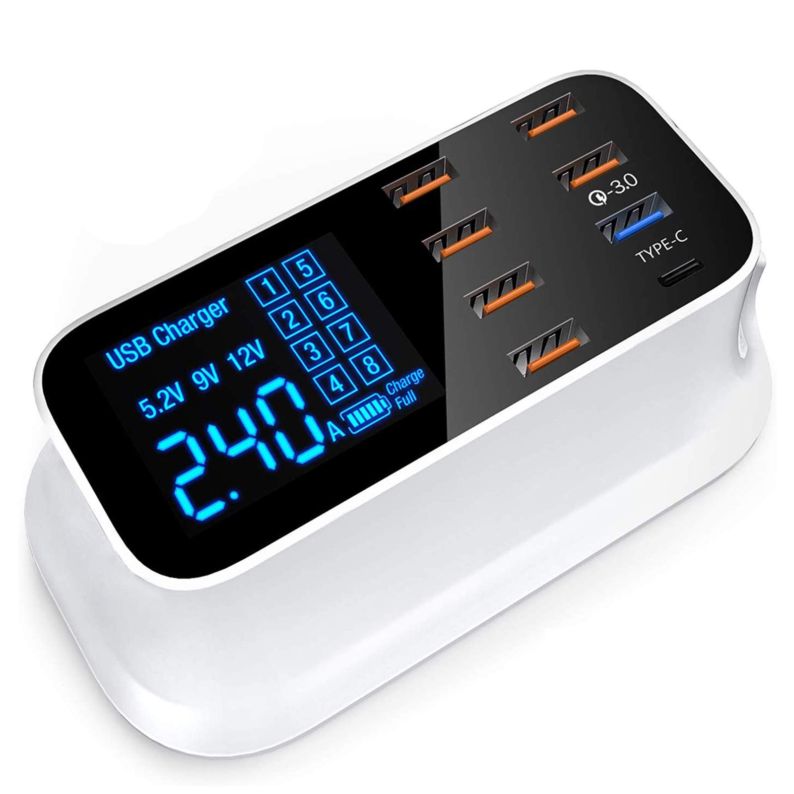 Braveking1 Light 40W Usb Charger Station For Multiple Devices, Fast Charging 8-Port Desktop Lcd Display Charging Station Hub With Qc 3.0 Usb Port And Type-C Port Compatible For Iphone Ipad Samsung Tablet