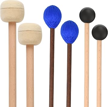 3 Pairs Blue Hard Yarn Head Keyboard Marimba Mallets,Black Rubber Bell Mallets,Felt Head Timpani Mallet,Bass Drum Stick Glockenspiel Sticks Xylophone Mallet with Wood Handles for Percussion Instrument